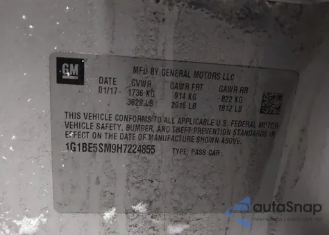 2017 Chevrolet Cruze Lt Auto z USA, uszkodzony, nr VIN 1G1BE5SM9H7224855